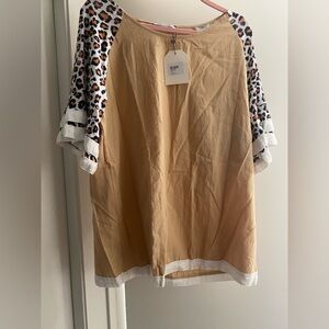 Leopard Print Sleeve Tan Blouse. Size Medium